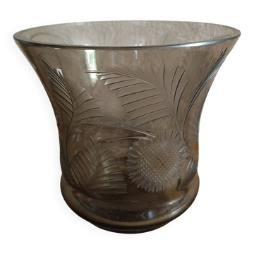 VINTAGE SMOKED GLASS VASE ENGRAVED WITH VEGETAL DECORATION