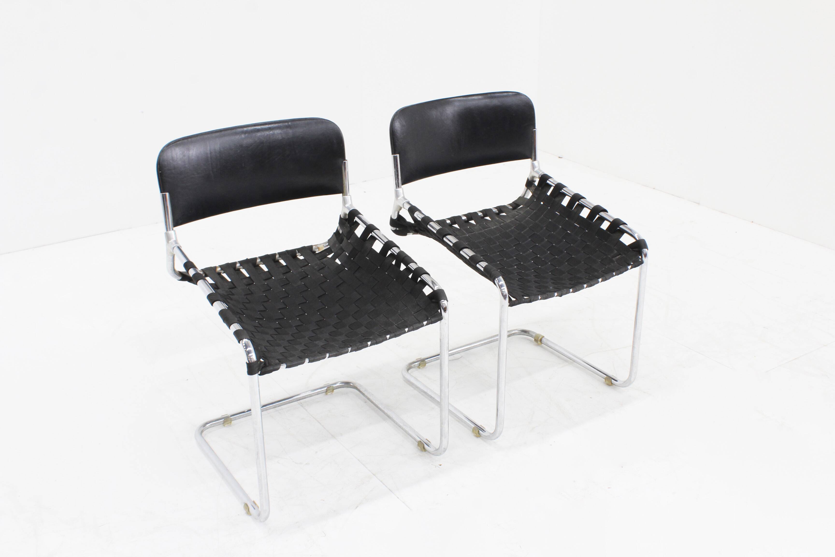 Set Vintage italian chairs black leather and chrome 1970s