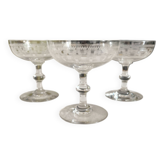 3 antique Baccarat crystal champagne glasses with engraved decor