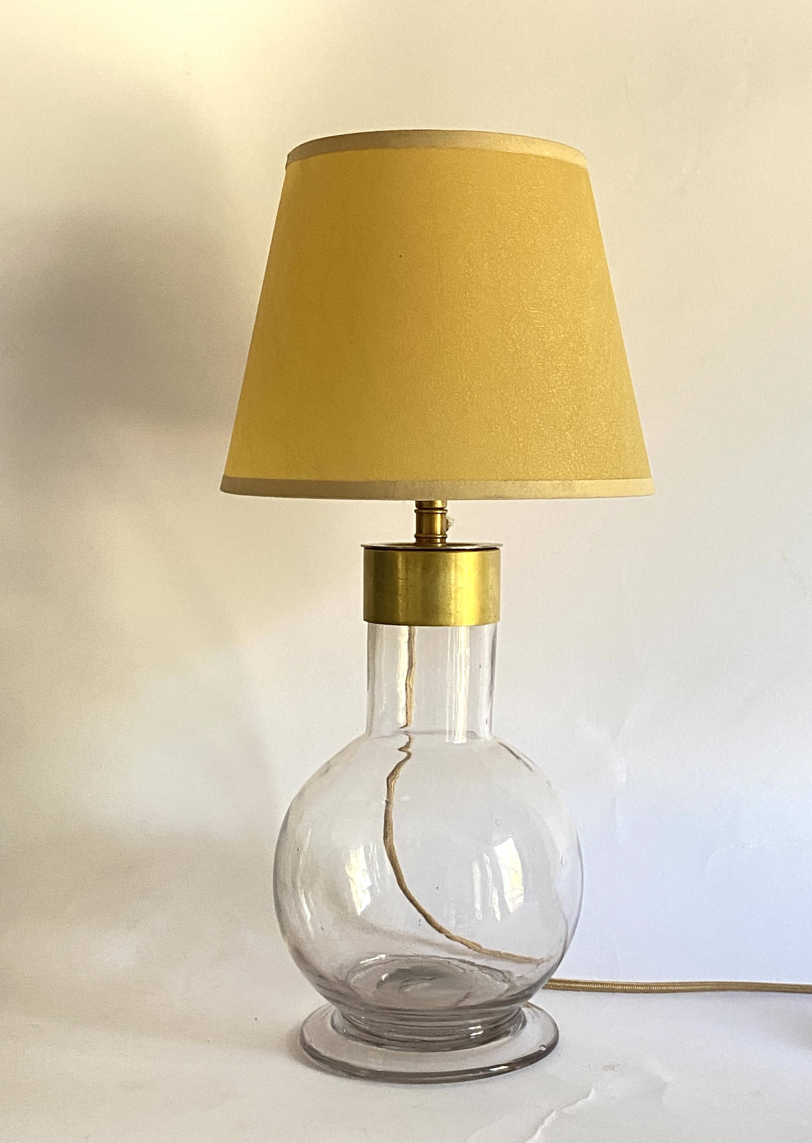 Glass lamp, brass, 2 M fabric cable, 50s lampshade