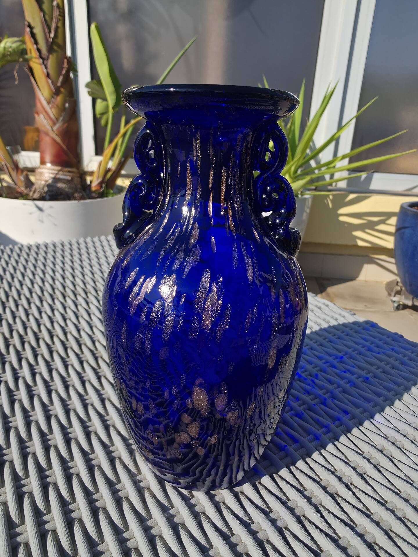 Vase Amphore Murano Vintage – Bleu Cobalt & Inclusions d’Or – 1970