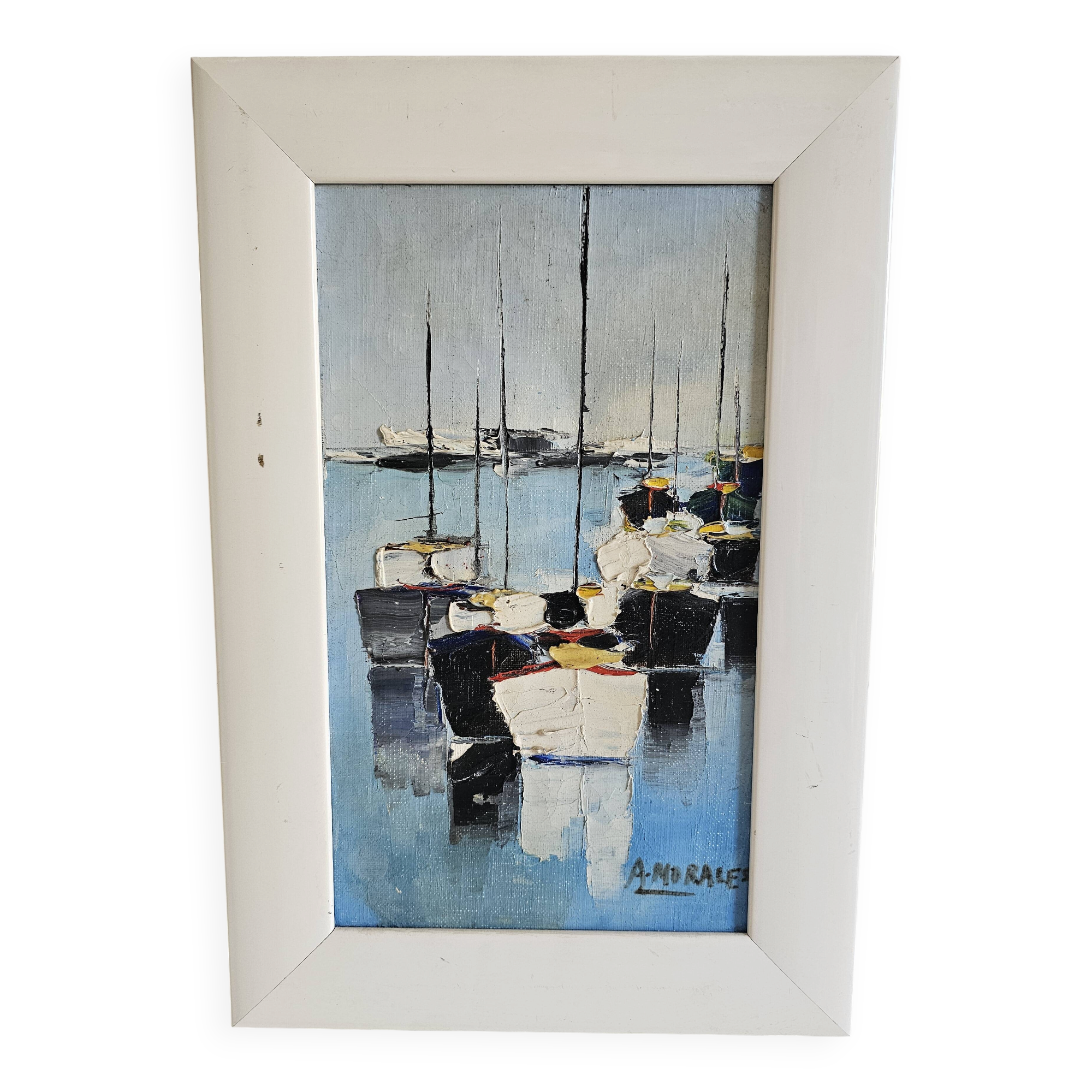Oil on Canvas Painting Marine Landscape Sailboats at Anchor Signed Morales