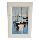 Oil on Canvas Painting Marine Landscape Sailboats at Anchor Signed Morales