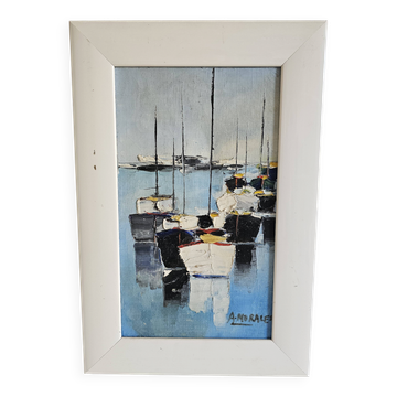 Oil on Canvas Painting Marine Landscape Sailboats at Anchor Signed Morales