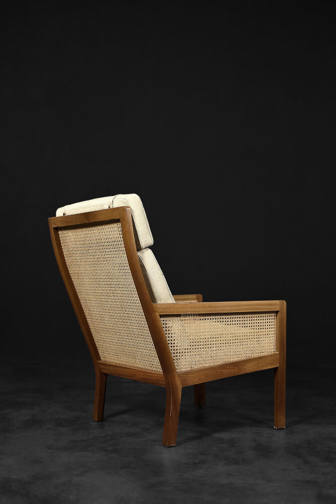Mid-century modern Scandinavian mahogany armchair with French wicker by Bernt Petersen.