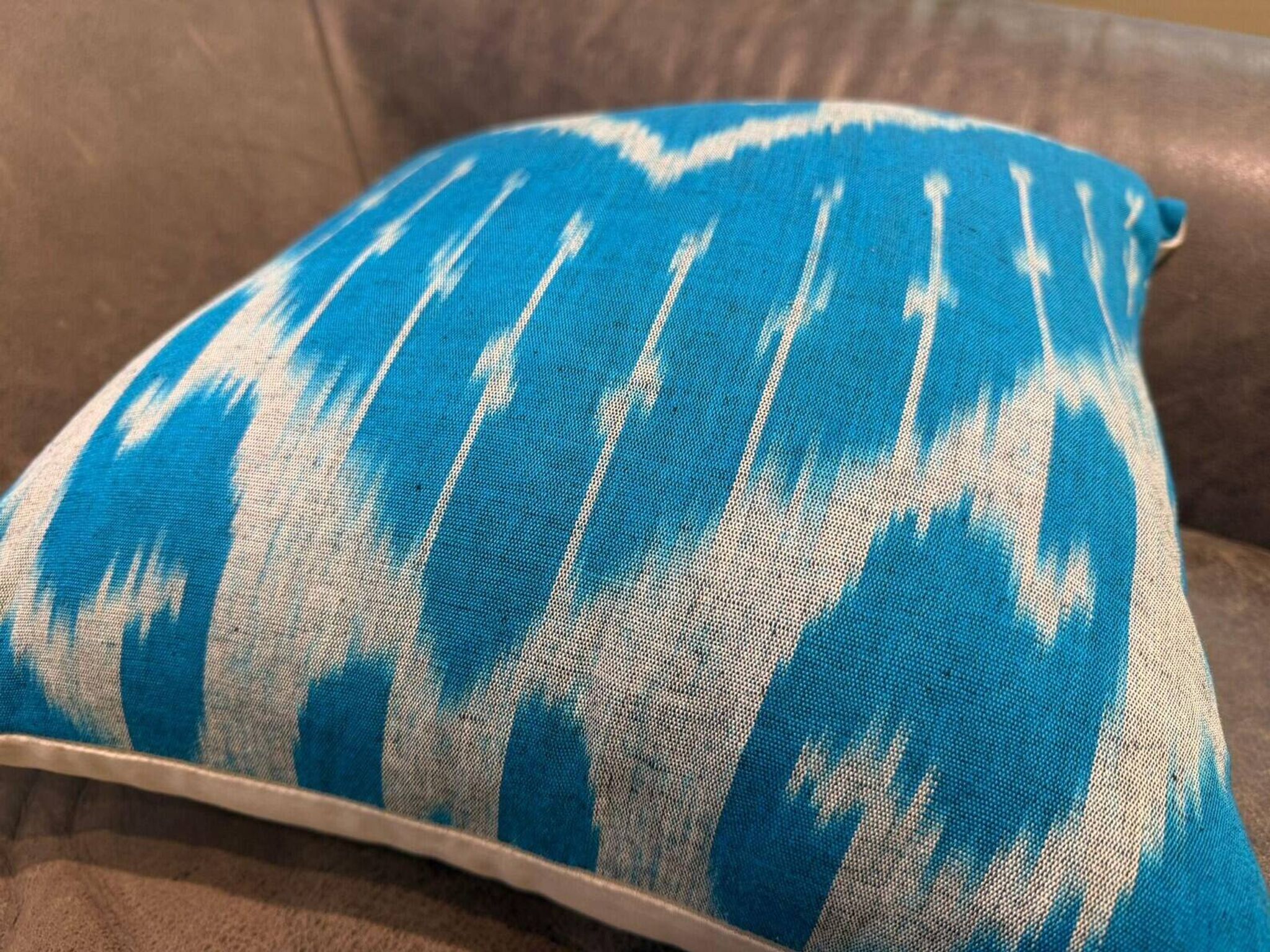 Vintage Silk Ikat Square Cushion Cover, Sky Blue White Arch Medallion 16x16