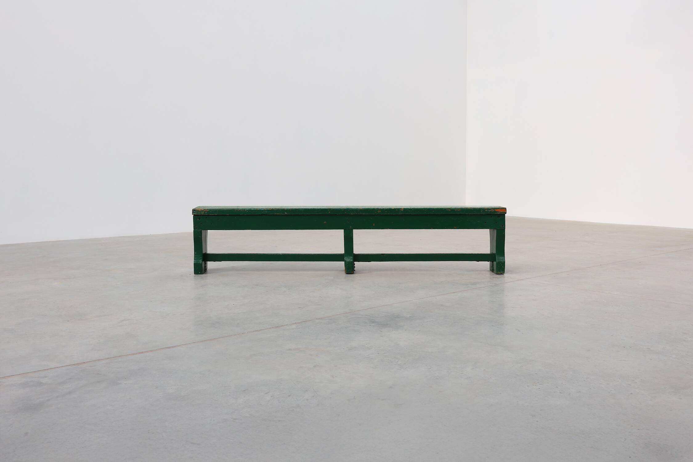 Rustic primitive green farmhouse bench in solid oak, France ca. 1900