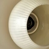 Scandinavian suspension in black metal, copper, and opal glass, 1970s design.