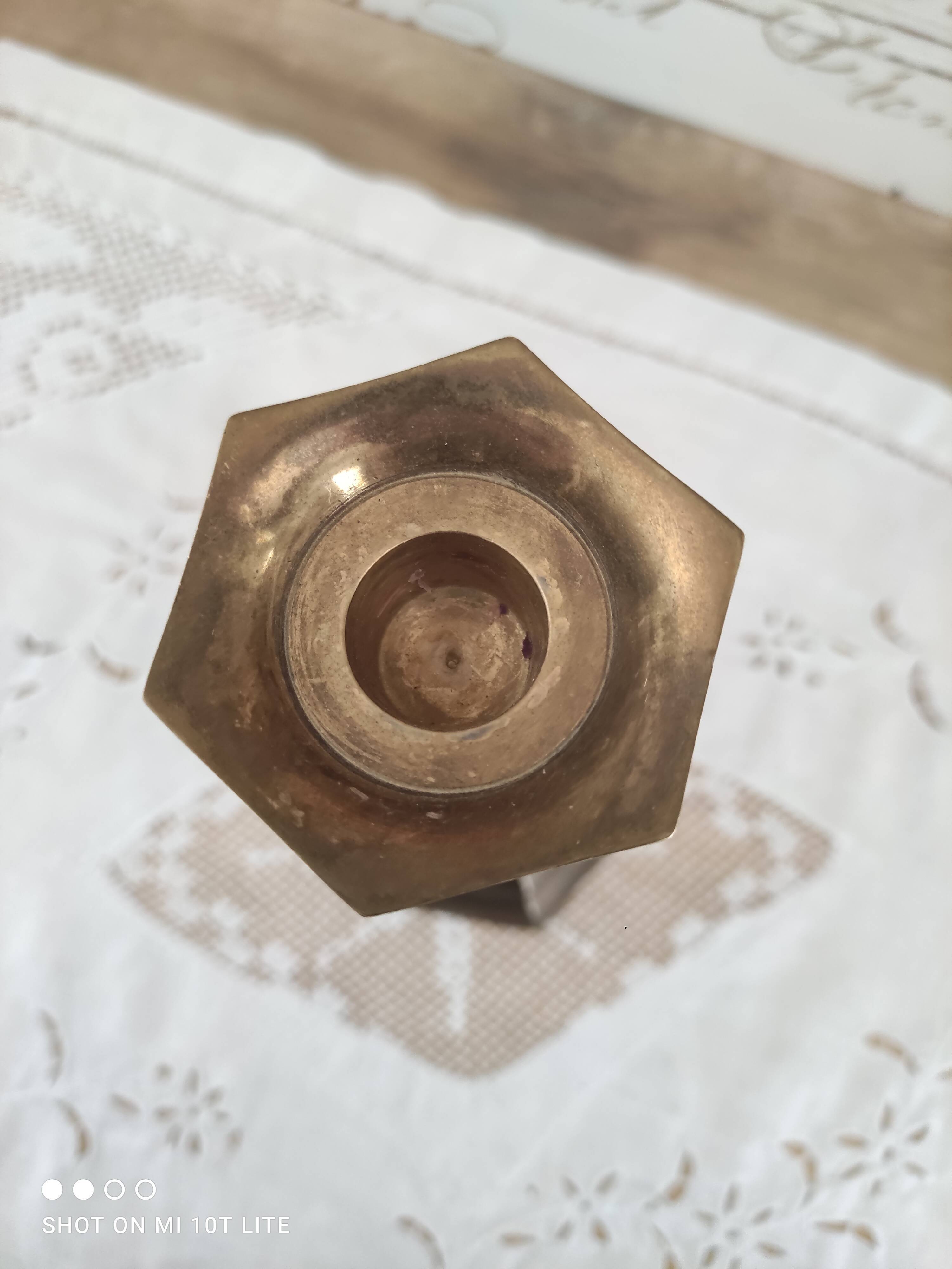 Brass candle holder high hexagonal foot