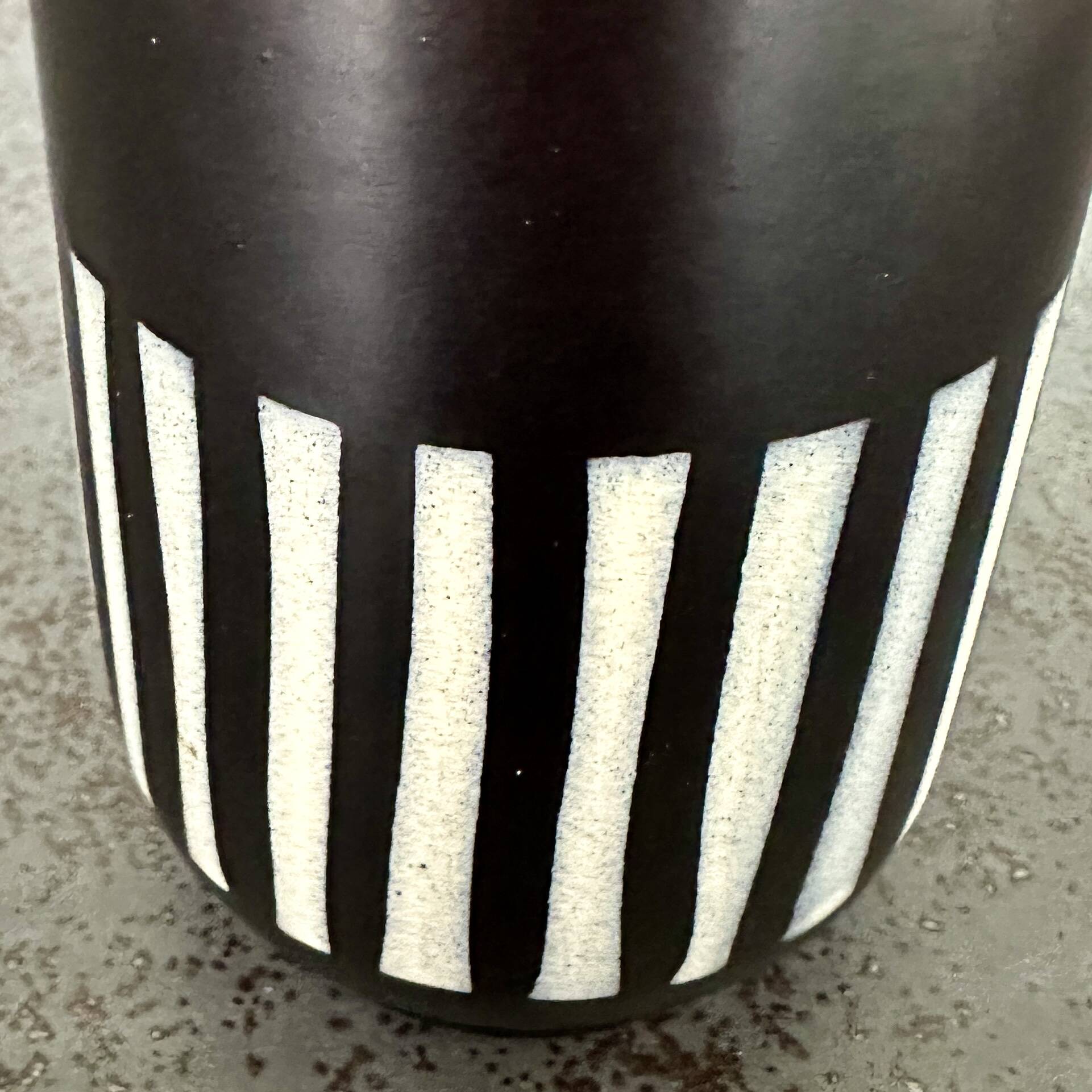 Upsala Ekeby Ceramic Vase – Black with Striped Pattern – Turquoise Interior –