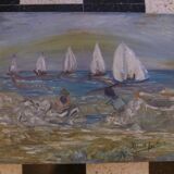Hs painting/canvas fishing scene fisherman from cagnes sur mer signed lower right