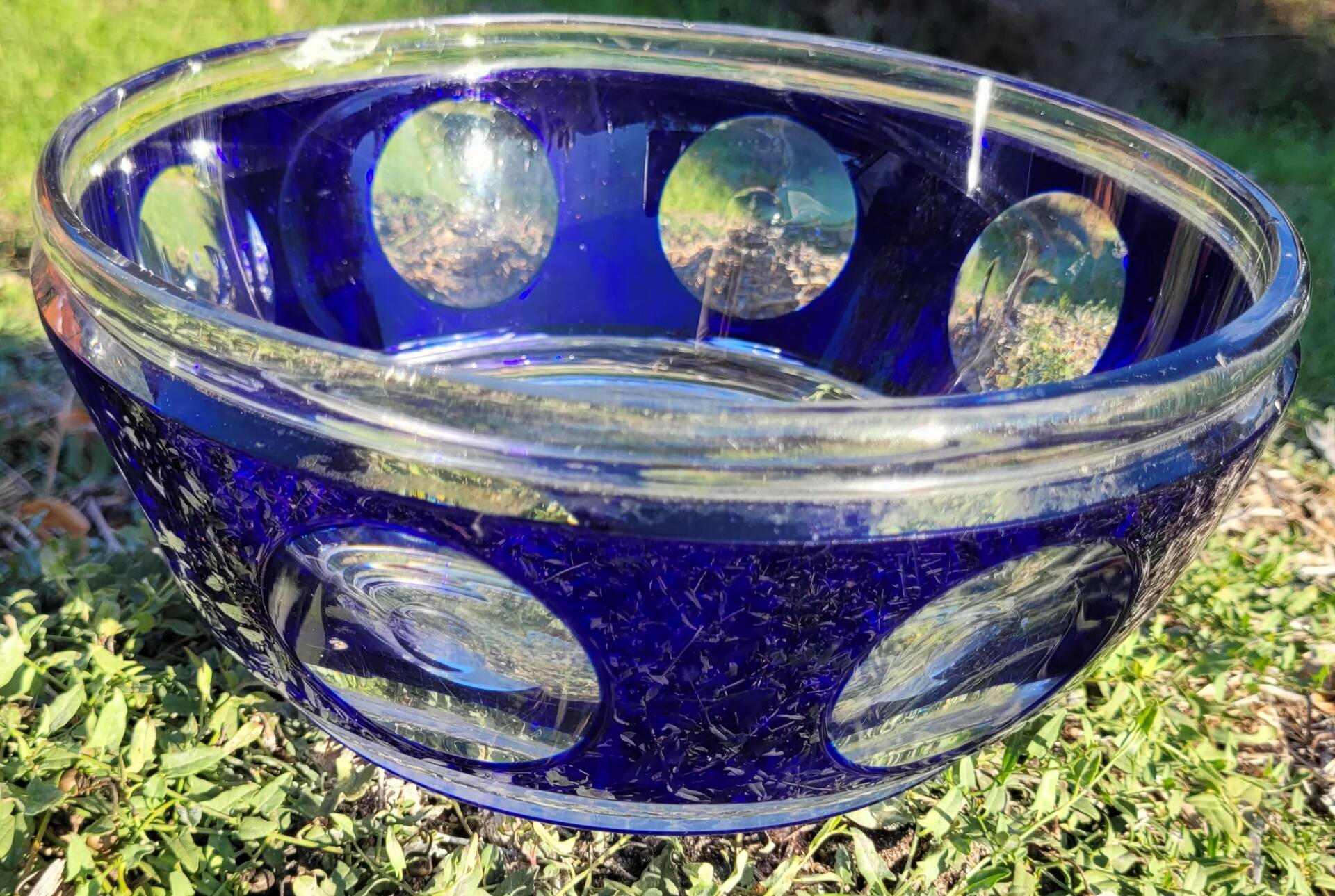 cobalt blue glass bowl with round lenses