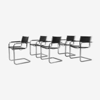 5 fauteuils en cuir noir vintage, années 1960