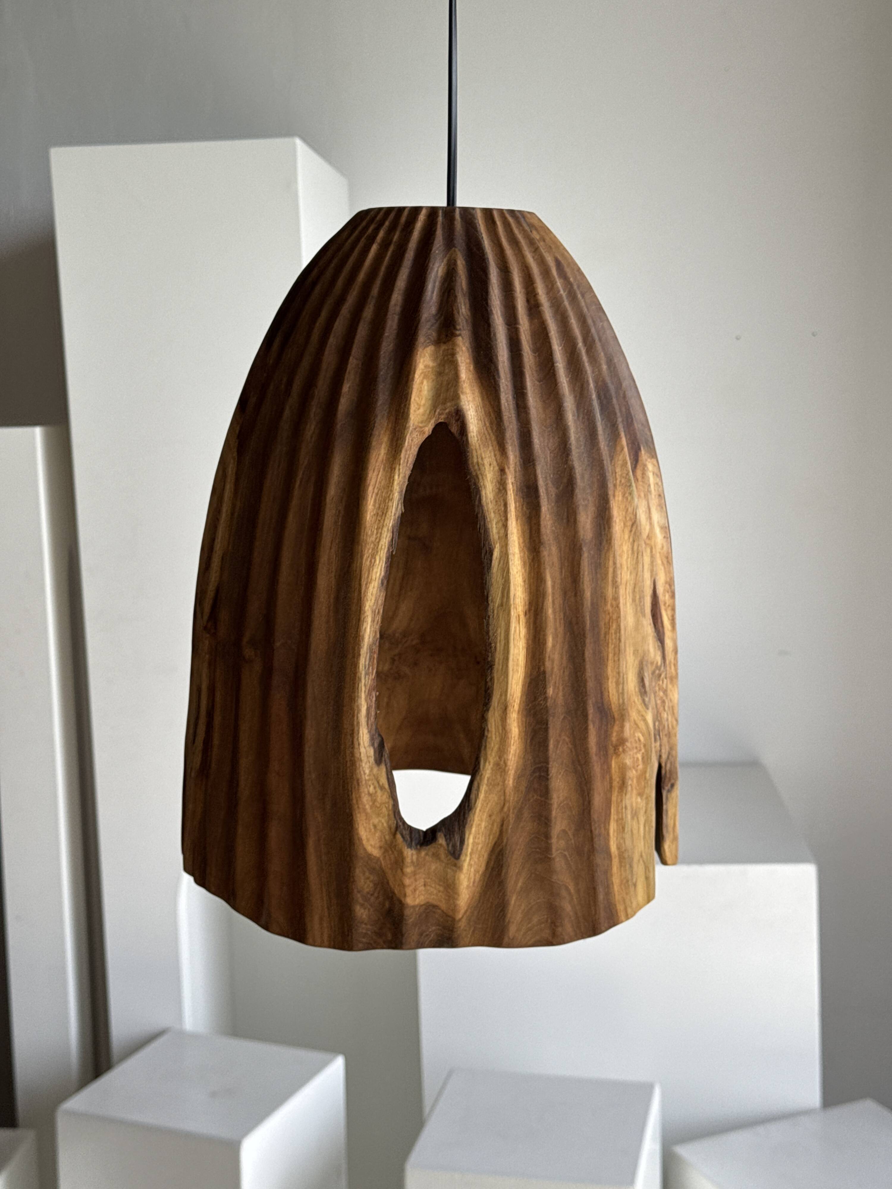 Large suspension or lampshade in organic natural teak, tubular H40 D30.