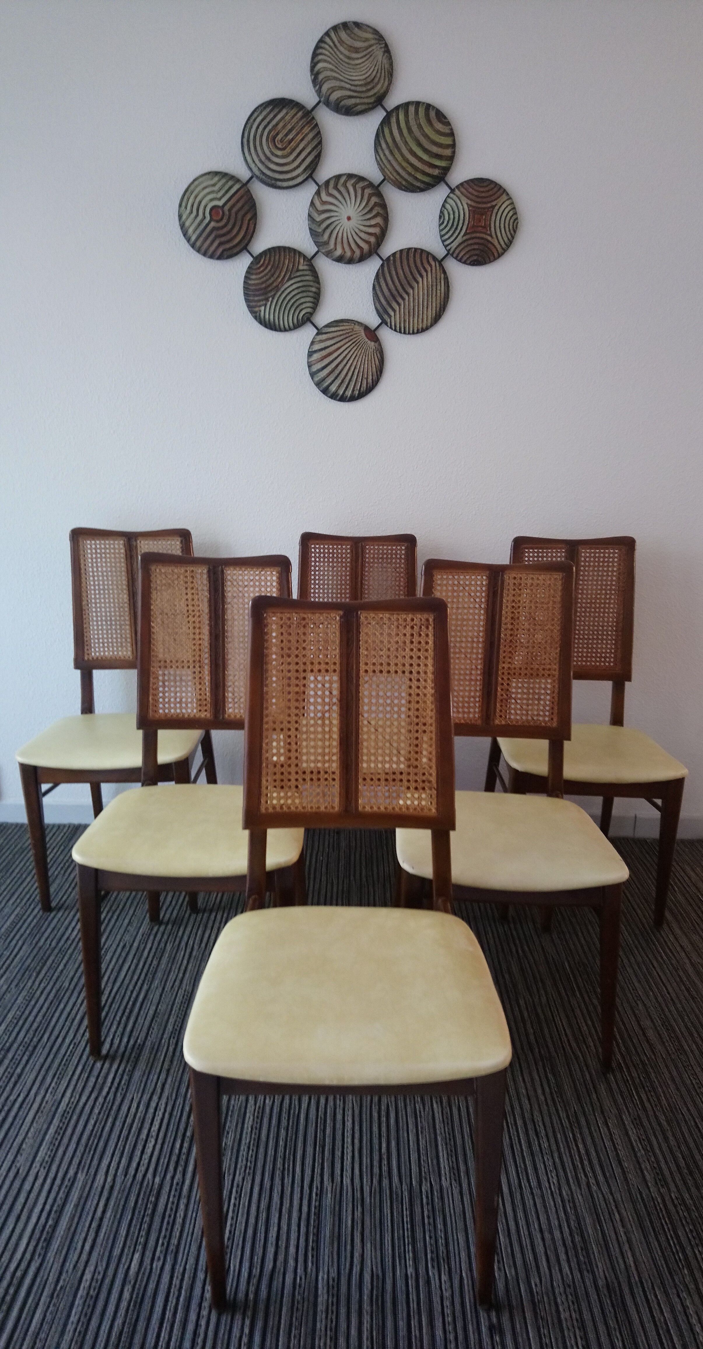 Suite of 6 vintage skai chairs and 60s canned backrest