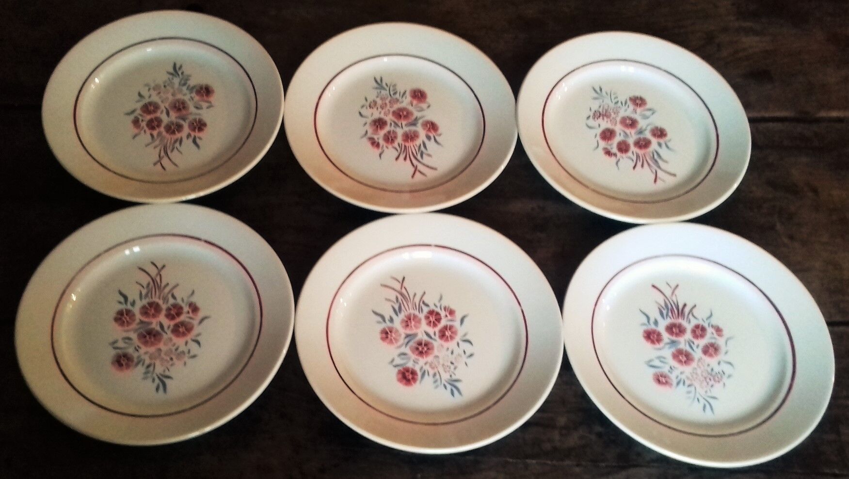 Lot 6 plates flat Badonviller Francine eyelets blue red 1940