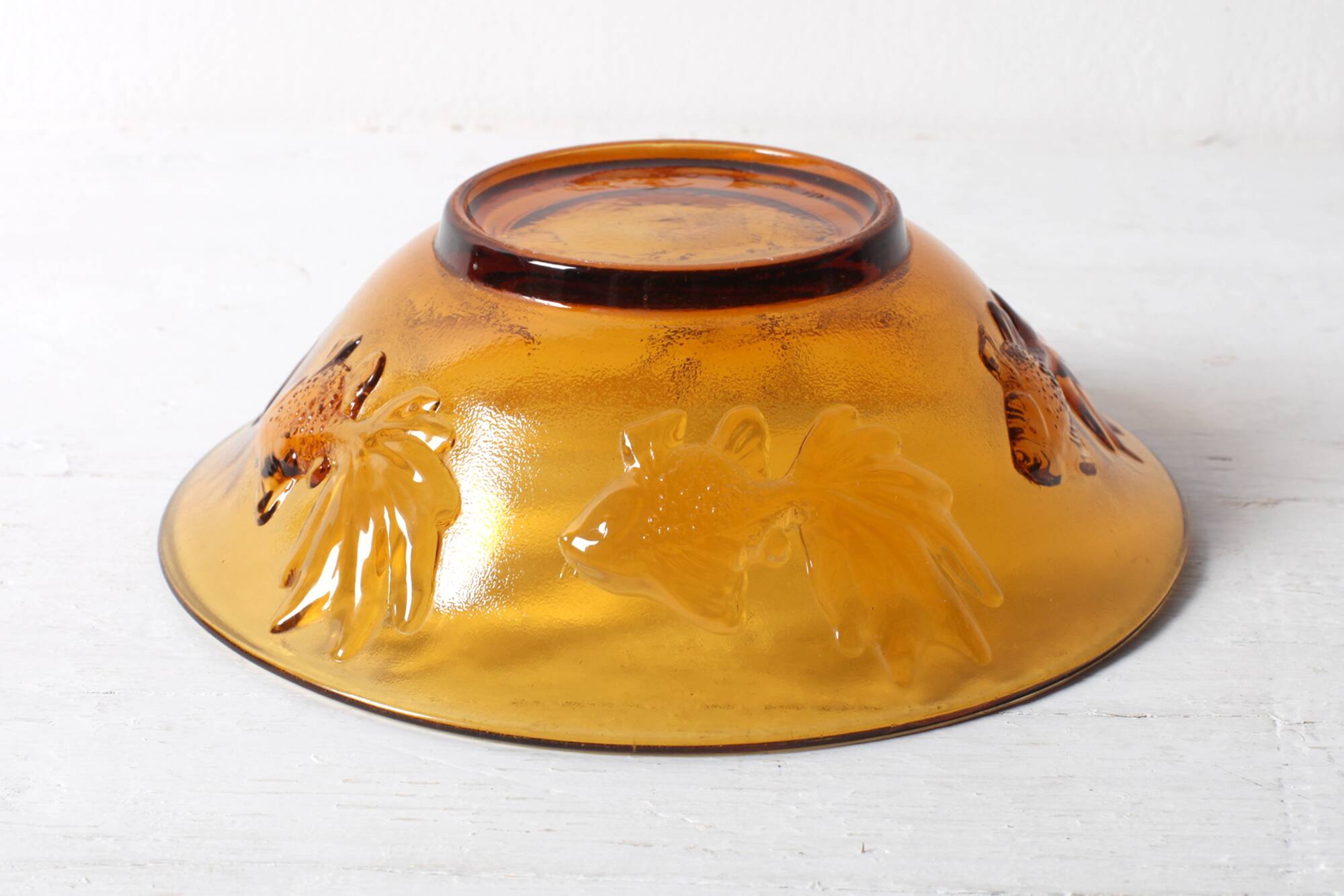 Vintage Amber Glass Bowl with Embossed Fish Pattern / Czech Repulic / 1980s