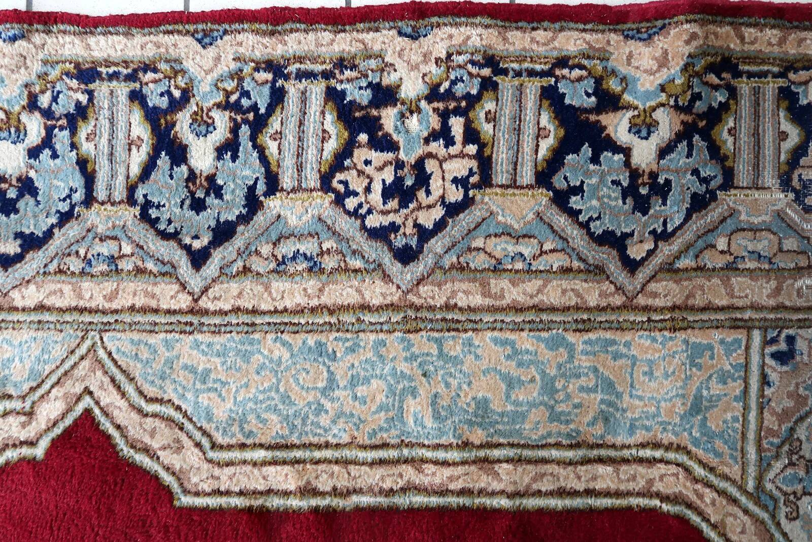 Antique Kerman Kork wool rug, open field medallion, crimson & navy, c. 1930s — 237 × 302 cm — 1C1280