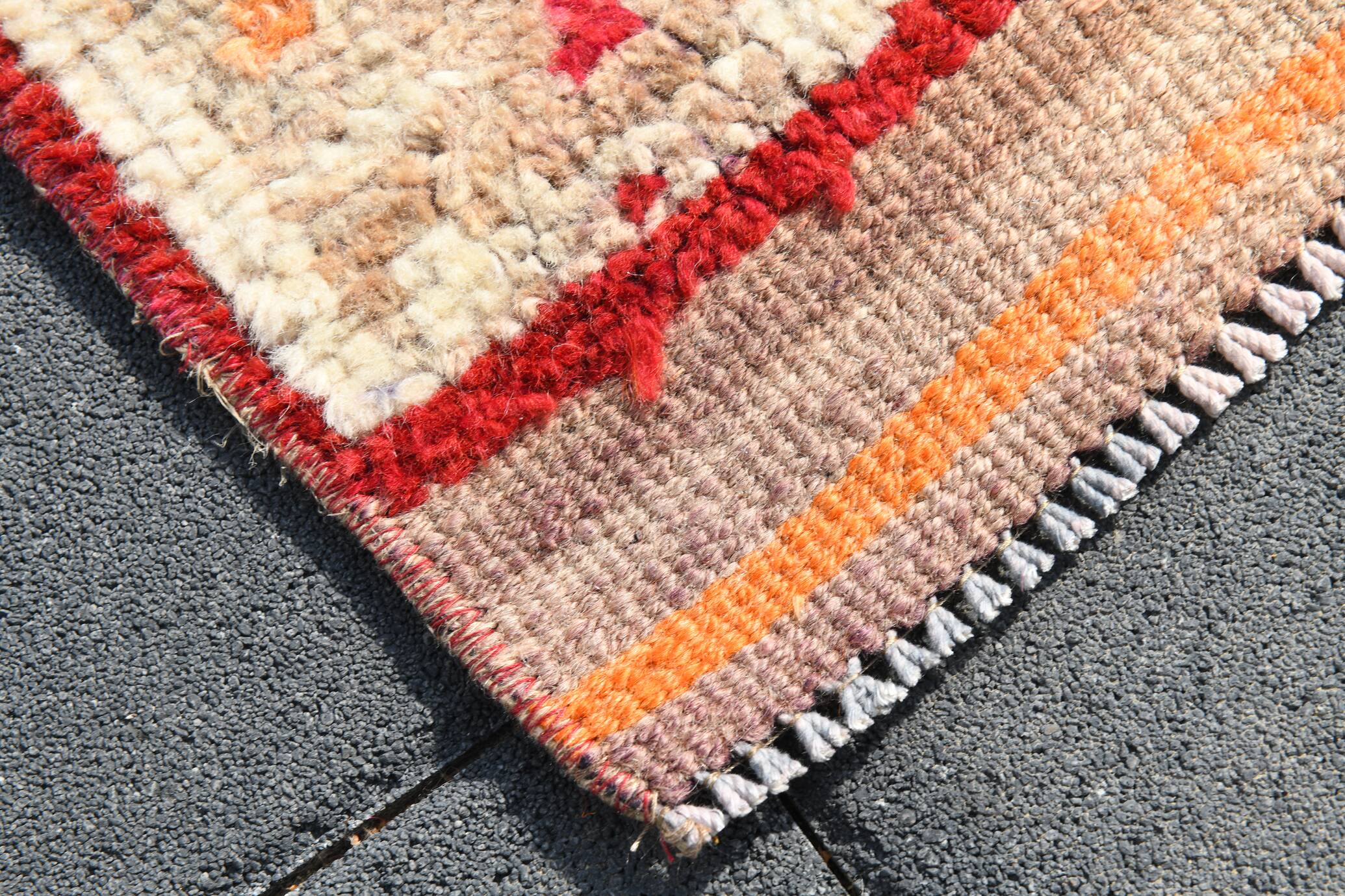 Tapis de Couloir Turc Vintage, Laine Rouge & Beige Géométrique, 83x388 Cm