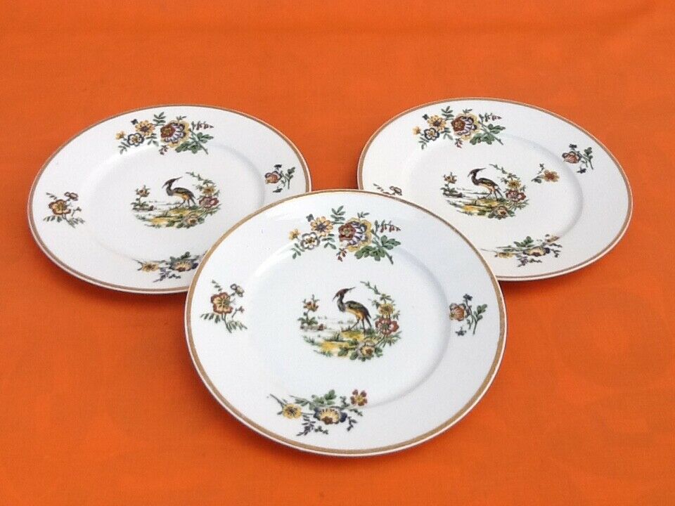 3 flat plates Porcelain of Limoges France "Crane ashy" ...