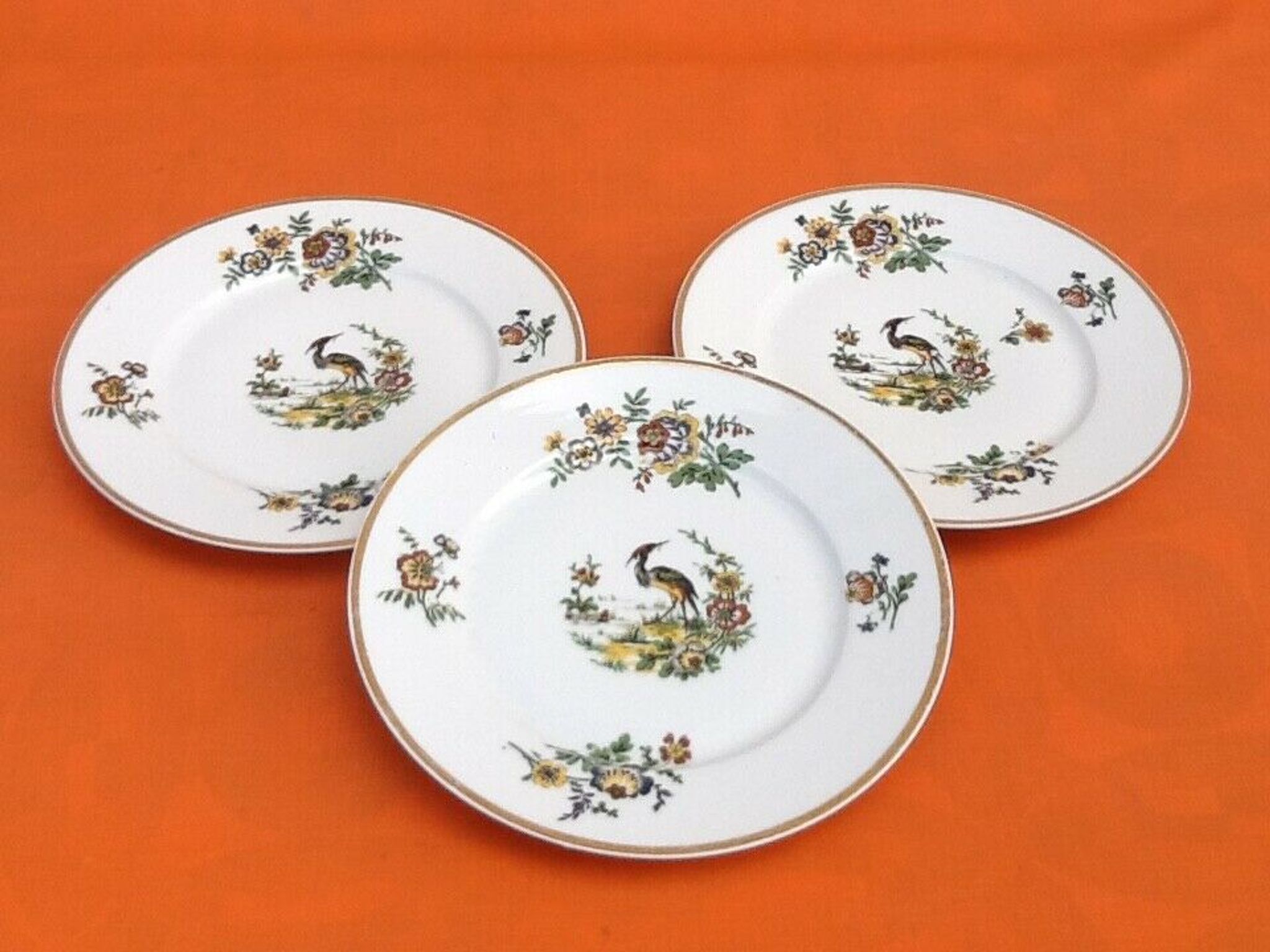 3 flat plates Porcelain of Limoges France "Crane ashy" ...