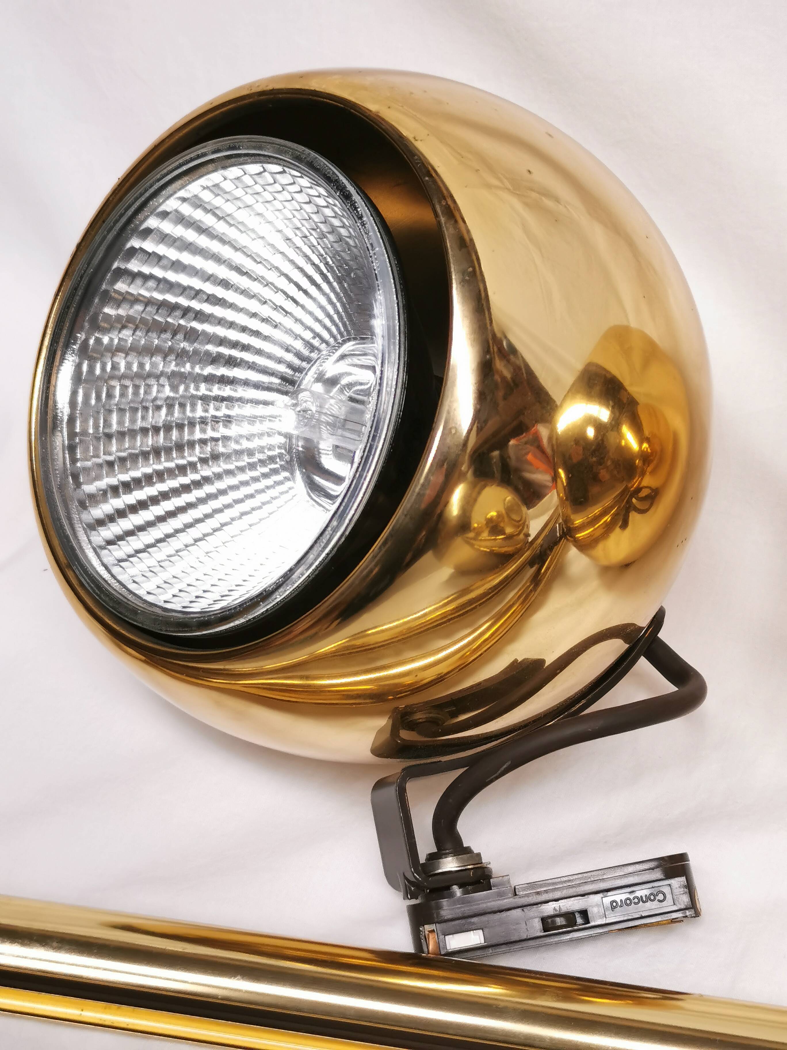 4 large golden ball spots, space age 60 70's. concord wall light on rails