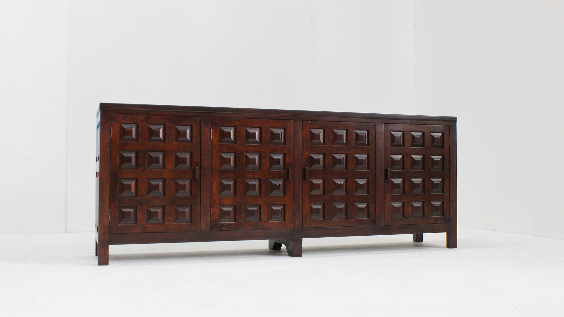 Vintage brutalist sideboard carved solid wood Spain 1960s