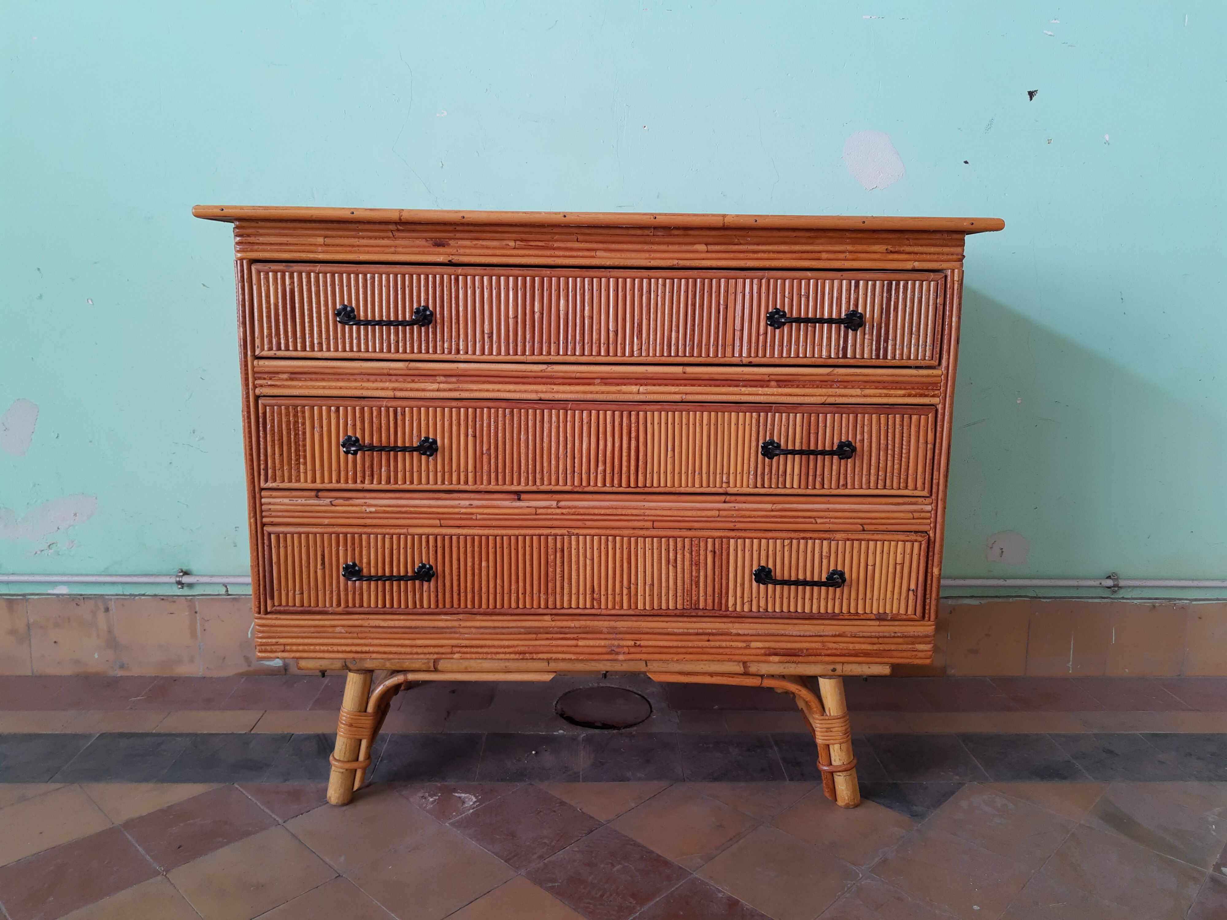 Vintage rattan and bamboo chest of drawers 50s