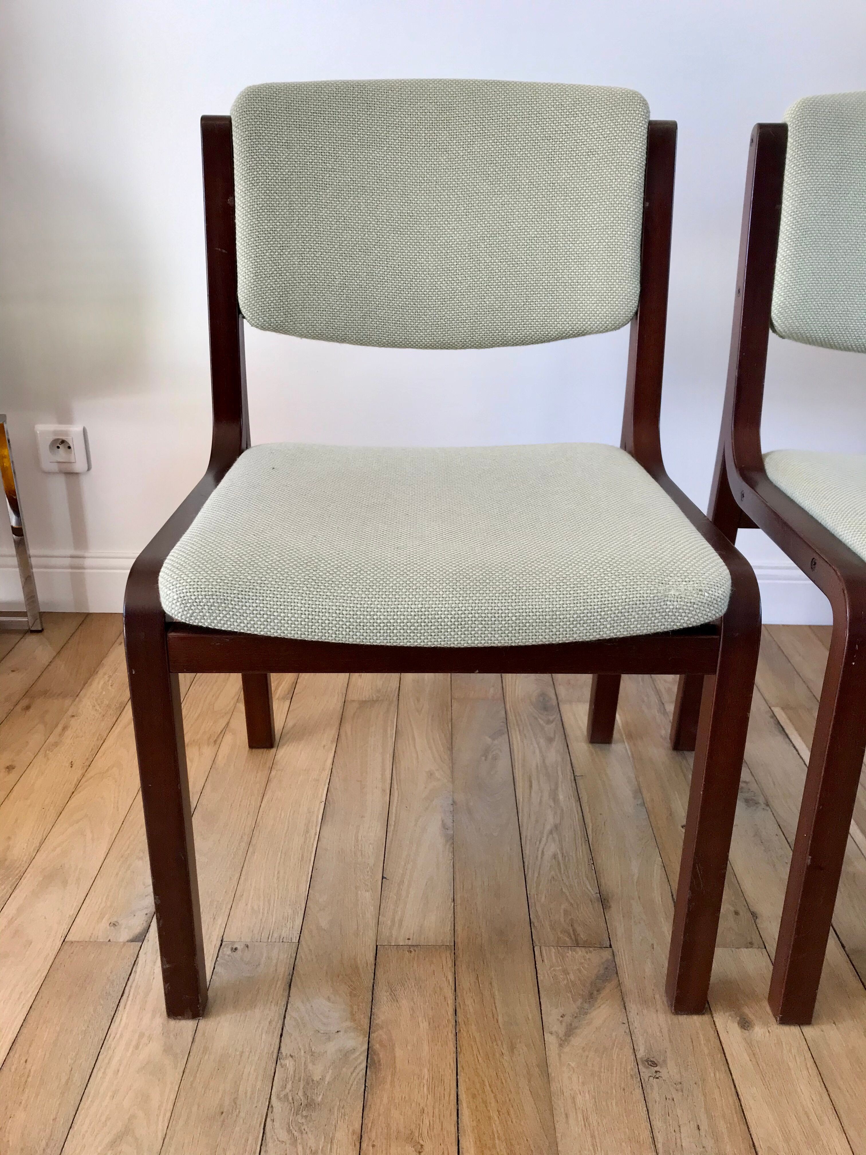 Pair of wooden armchairs and green and ecru fabrics 70s