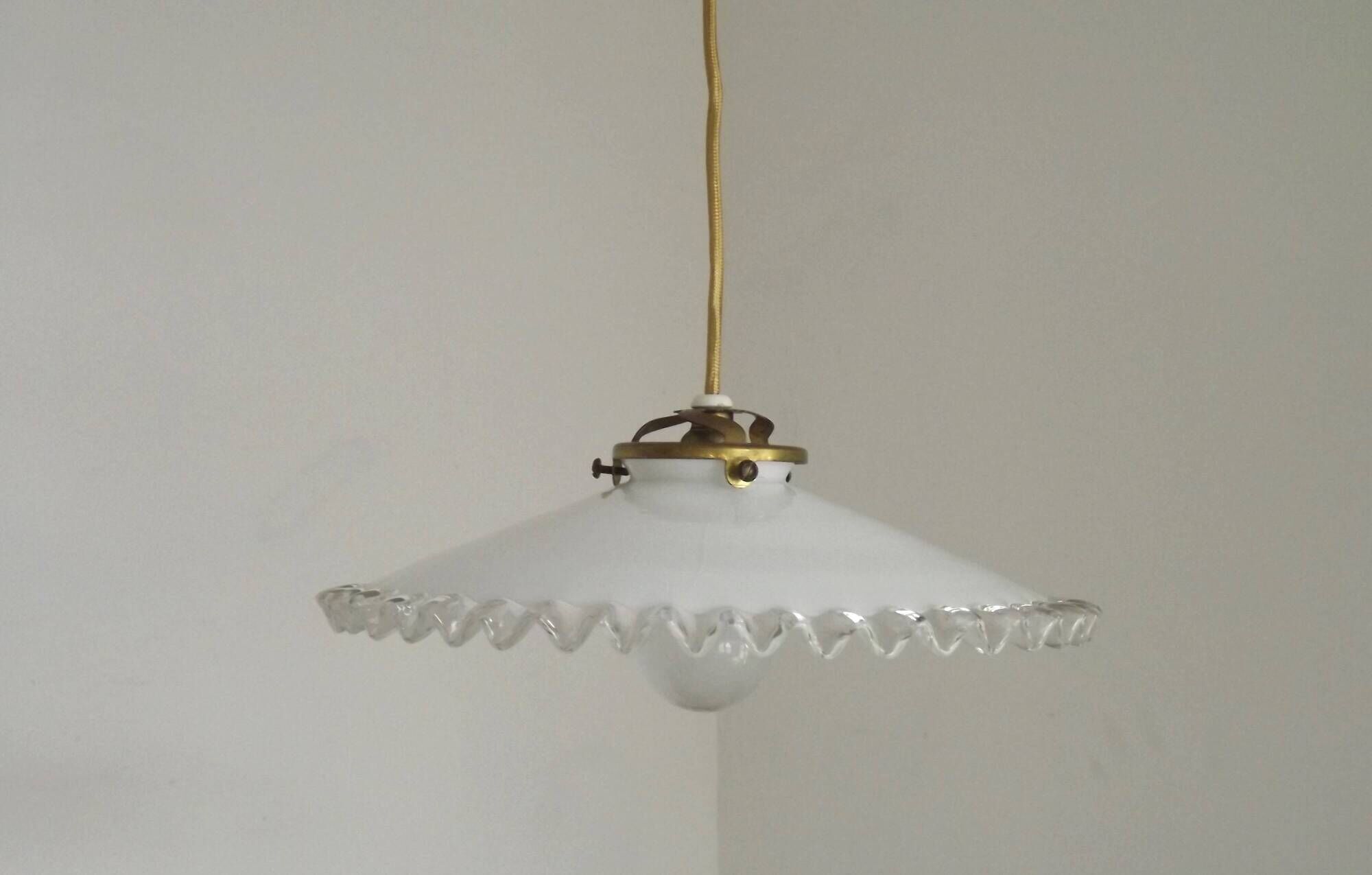 Vintage French White Opaline Glass Pendant Light Clear Glass Edge 5405