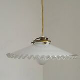 Vintage French White Opaline Glass Pendant Light Clear Glass Edge 5405