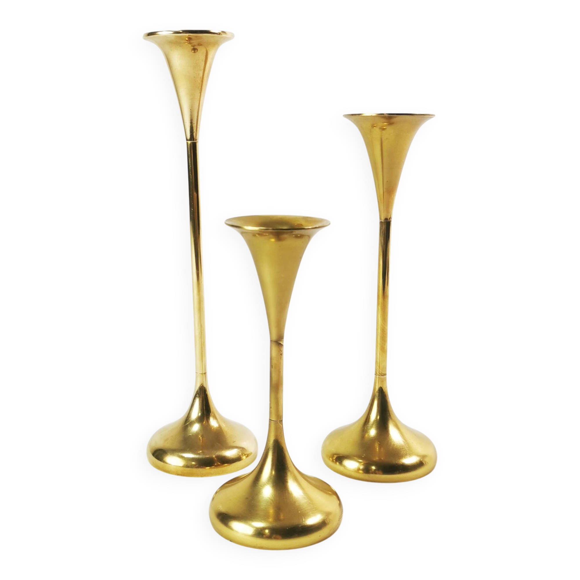 Set of modernist brass candlesticks, Denmark, 1960s.