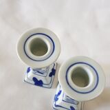 Set of 2 ceramic candle holders in white blue floral pattern