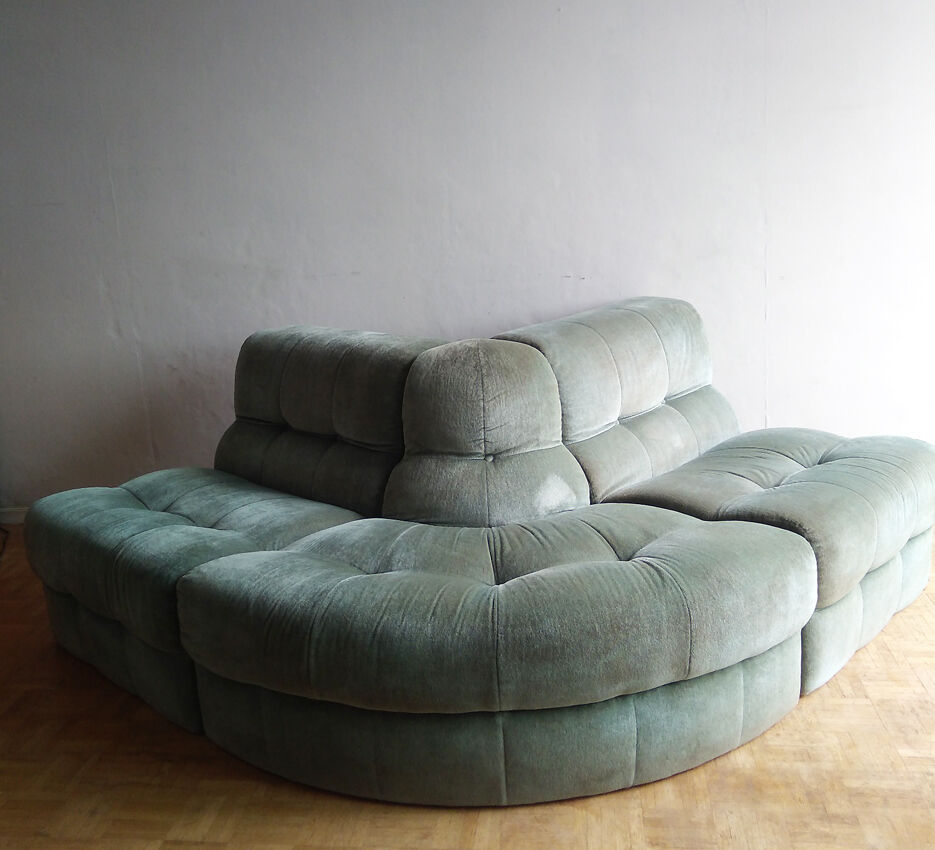 Canapé modulable en velours vert amande 1970
