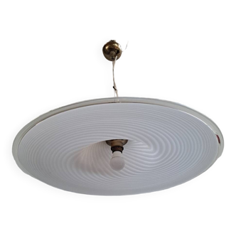 Vintage very large murano white swirl ceiling light clear rim