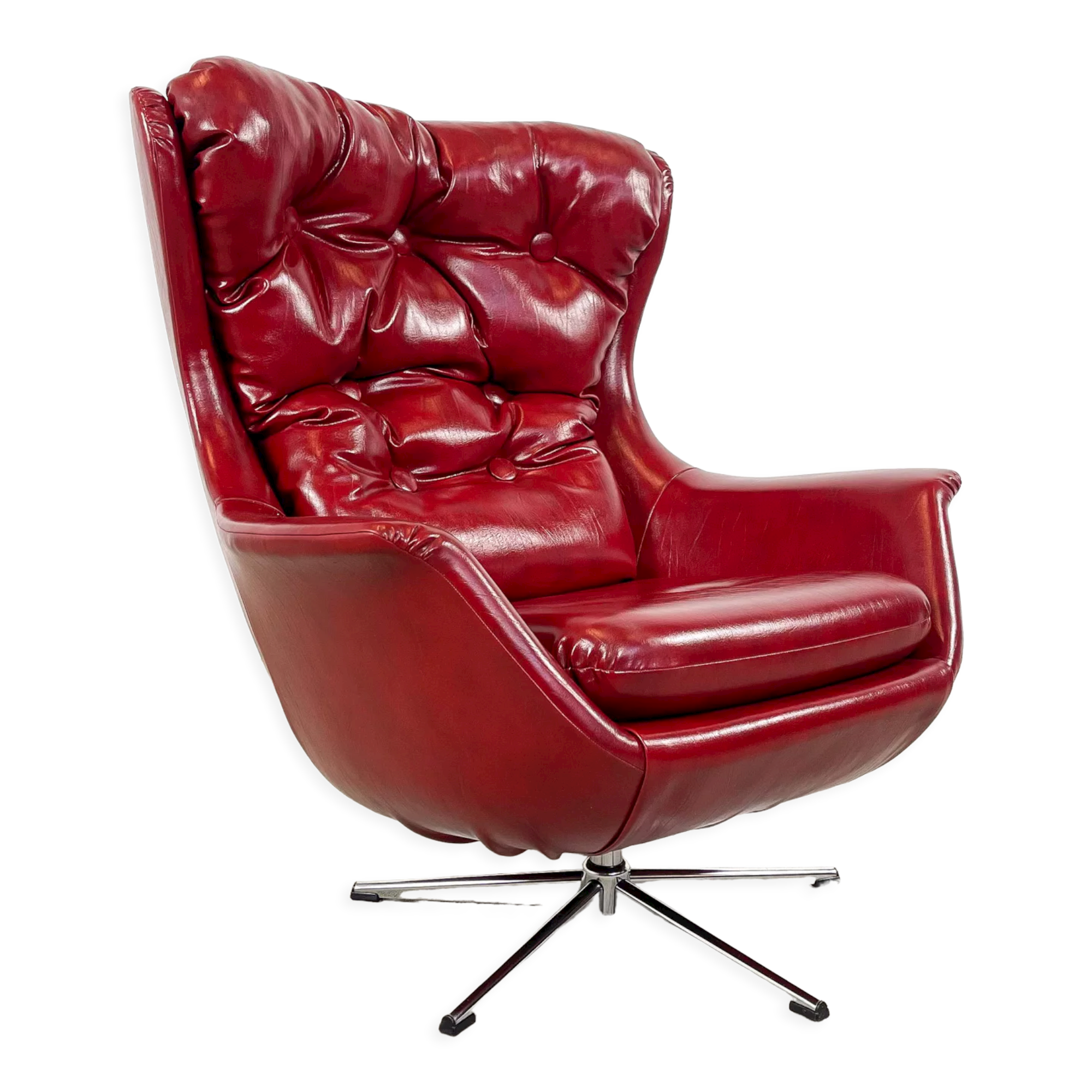 Vintage design tufted red sky leather lounge egg chair 1970s