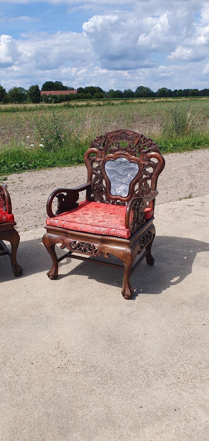 Set 2 vintage Chinese Asian chairs carved rosewood with marble