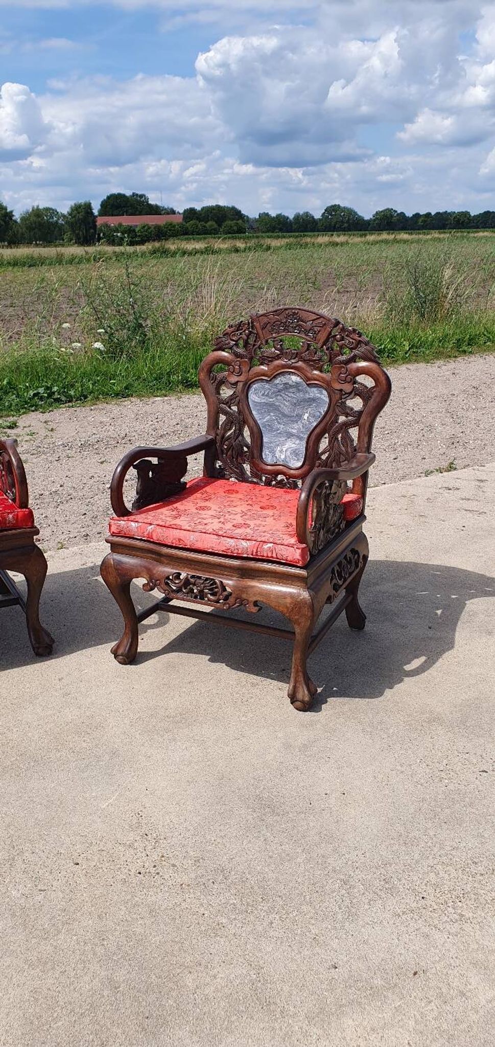 Set of 2 vintage Chinese Asian chairs in carved rosewood with marble.