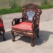 Set of 2 vintage Chinese Asian chairs in carved rosewood with marble.