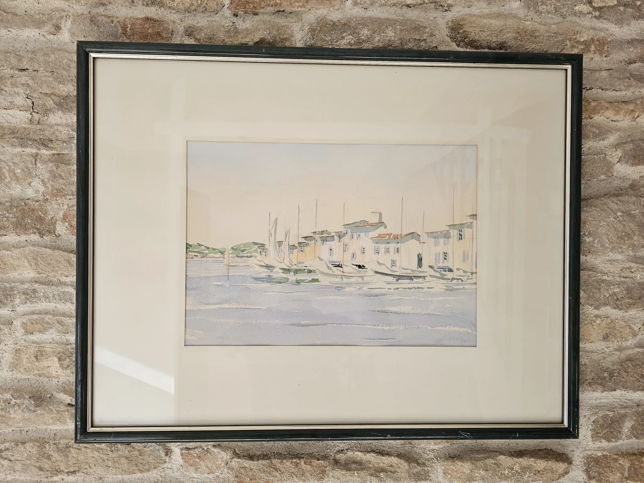 Watercolour painting of the port and boats of Saint-Tropez signed Fulvio.