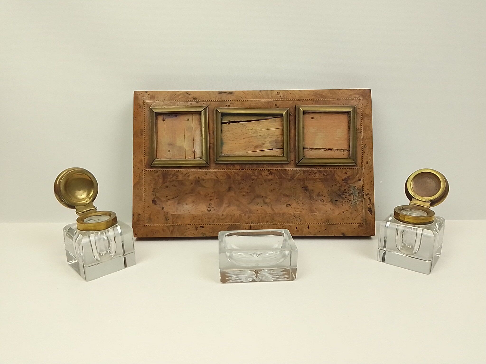 Old wooden office inkwell set and glass and brass accessories