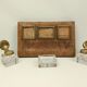 Old wooden office inkwell set and glass and brass accessories