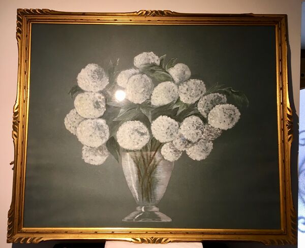 Tableau nature morte aux fleurs blanches années 70