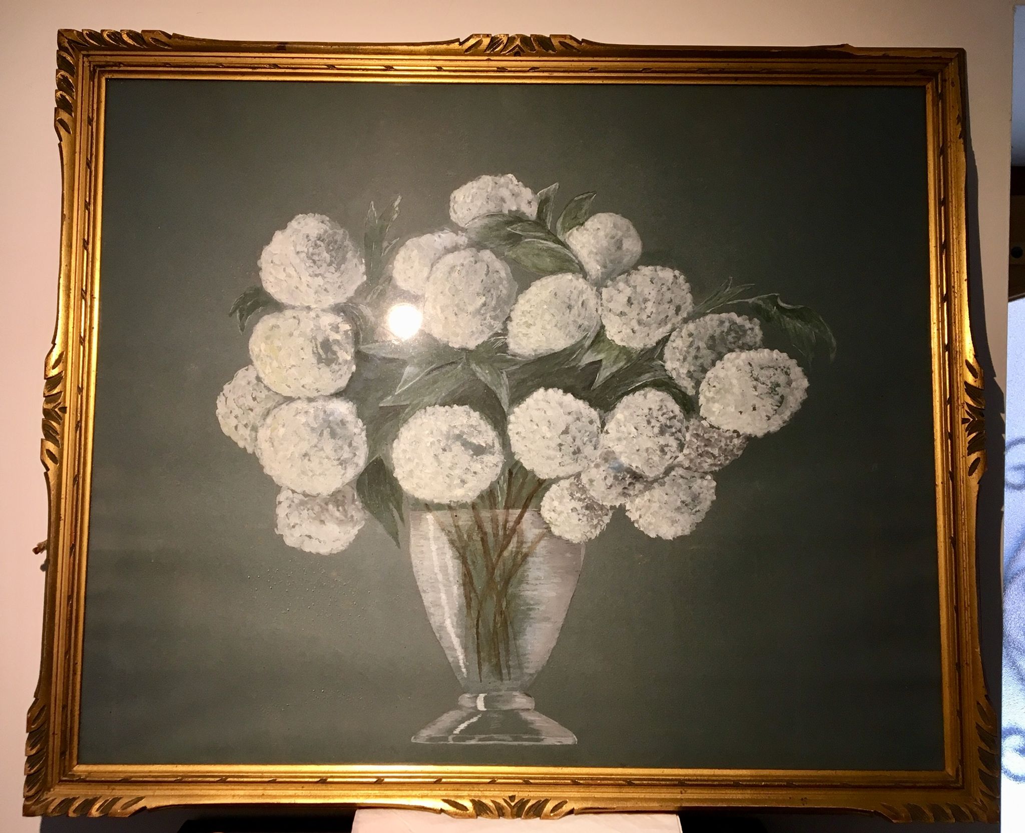 Tableau nature morte aux fleurs blanches années 70