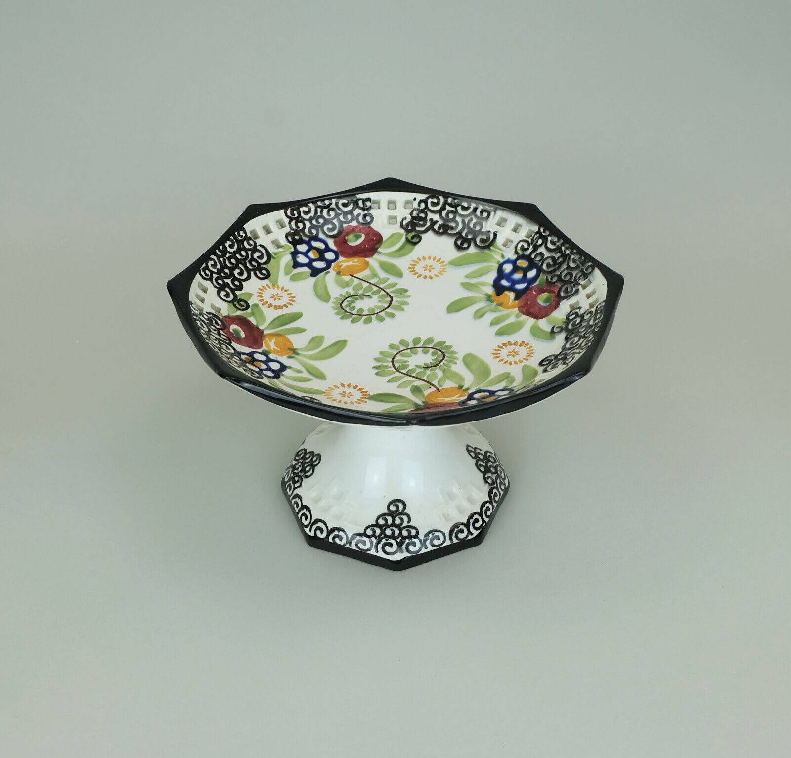 octagonal art deco BOWL footed bowl schramberg majolika 1920s hand-painted decor