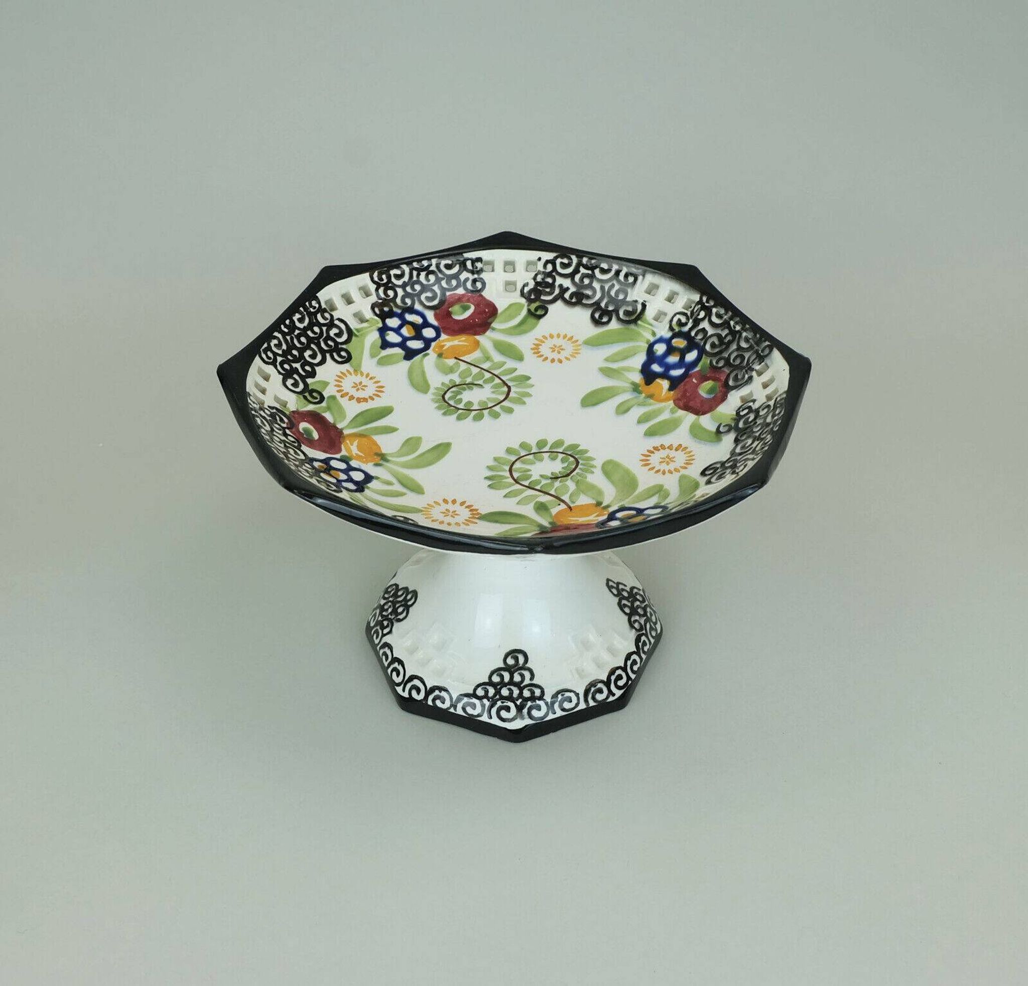 octagonal art deco BOWL footed bowl schramberg majolika 1920s hand-painted decor