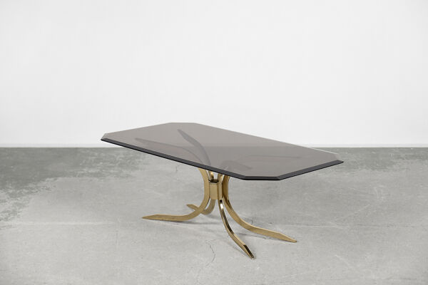 Table basse glamour vintage en laiton doré Hollywood Regency avec plateau en verre, années 1970