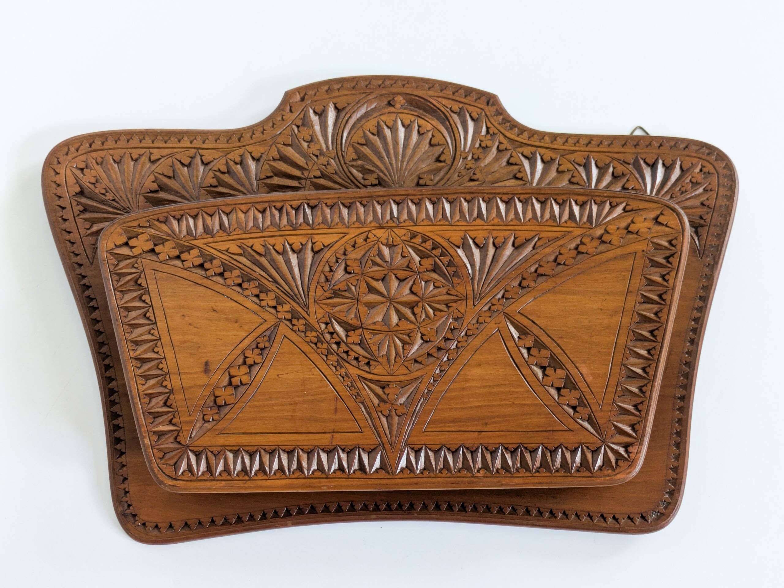 Wall-mounted letter holder, antique carved wood, folk art.
