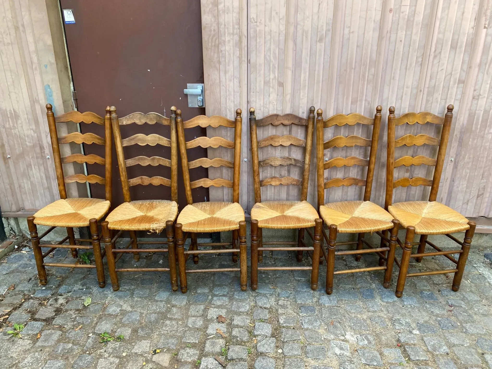 6 Rustic Solid Wood and Straw Chairs in 1960s Country Style