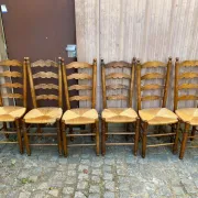 6 Rustic Solid Wood and Straw Chairs in 1960s Country Style